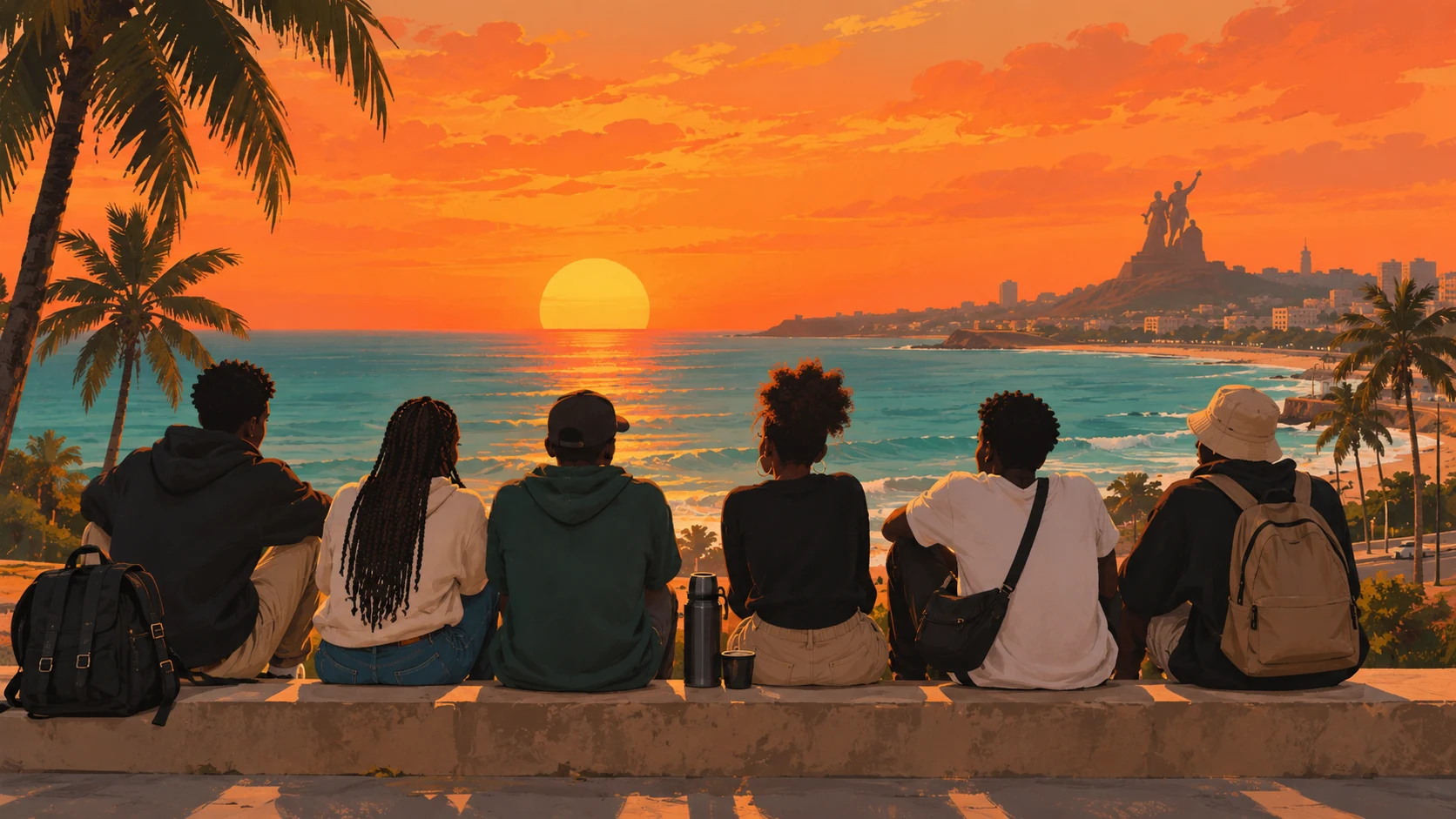 Des amis regardent le coucher de soleil sur la Corniche de Dakar